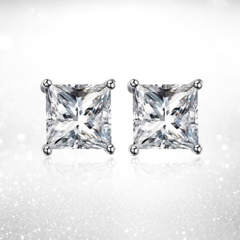 Renaissance 14k White Gold Princess Cut CZ Stud Earrings Lab Created Diamond